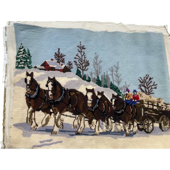 Vintage Needlepoint Clydesdale Horses Amish Winter Scene Wagon 70's Picture - Picture 3 of 12